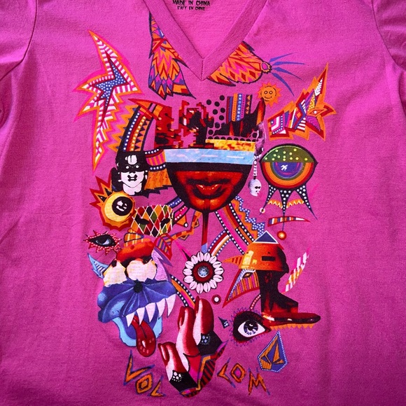 Volcom Featured Artist Andreas Jenne "Skullux Comet" Fuchsia V-Neck Junior's XL - Picture 2 of 14